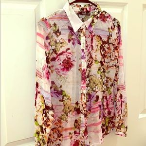 Long sleeve floral print button up sheer Top